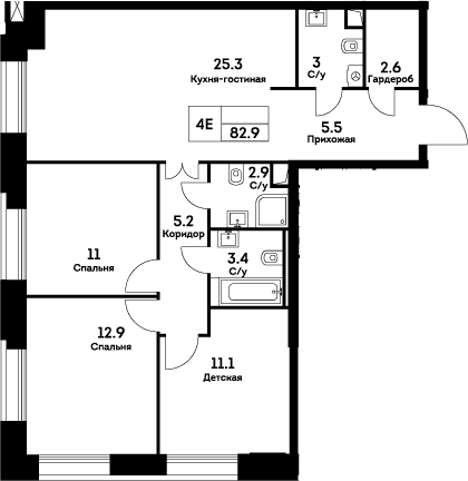 Планировка: Квартира евро-4 82,9 м² в ЖК «ЭВЕР»