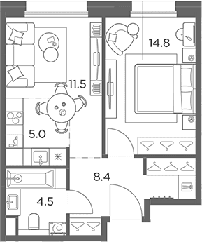 Планировка: Евродвушка 44,2 м² в ЖК «Станиславский»