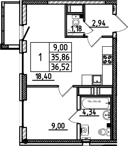 Планировка: Евродвушка 35,9 м² в ЖК «Южный Форт»