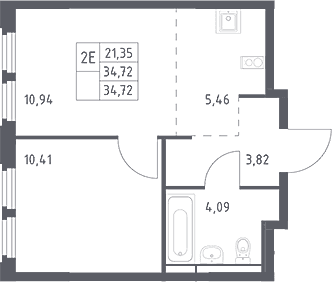Планировка: Евродвушка 34,7 м² в ЖК «Космический Квартал»