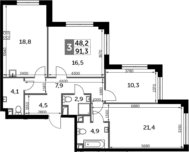 Планировка: 3-комнатная квартира 91,3 м² в ЖК «Сидней Сити»