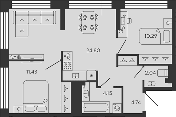 Планировка: Евротрёшка 57,5 м² в ЖК «BASHNI ELEMENT»
