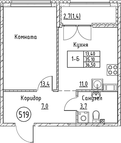 Планировка: 1-комнатная квартира 35,1 м² в ЖК «Кронунг Юг»