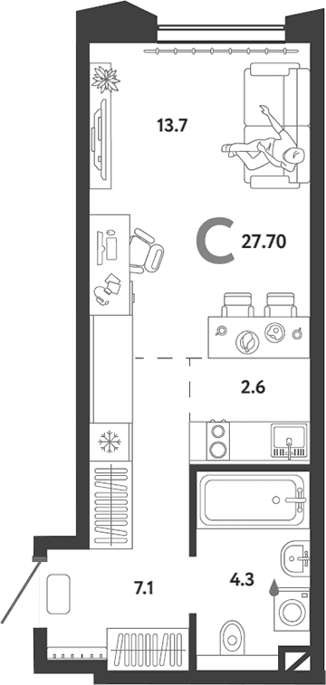Планировка: Студия 27,7 м² в ЖК «Страна.Озерная»