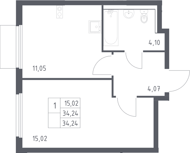 Планировка: 1-комнатная квартира 34,2 м² в ЖК «Пригород Лесное»