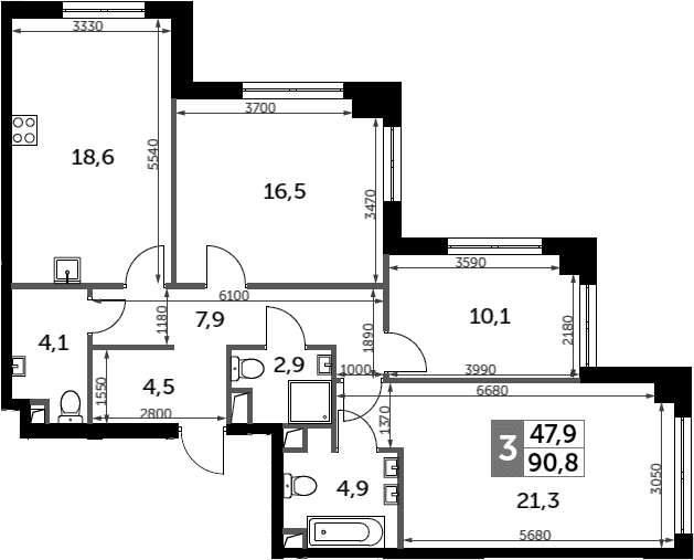 Планировка: 3-комнатная квартира 90,8 м² в ЖК «Сидней Сити»