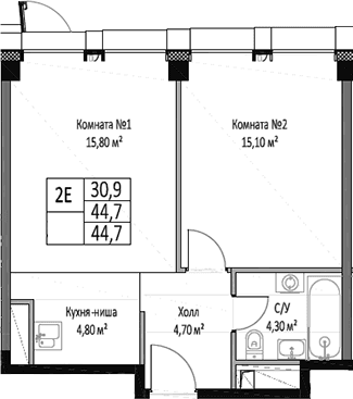 Планировка: Евродвушка 44,7 м² в ЖК «ЭМОУШН»