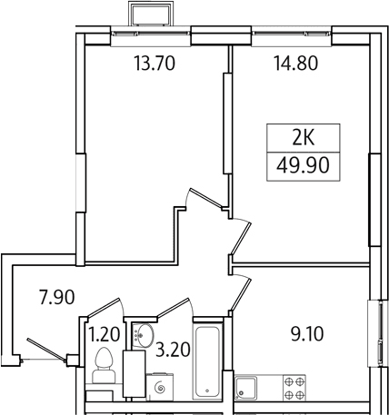 Планировка: 2-комнатная квартира 49,9 м² в ЖК «Видный Берег 2.0»