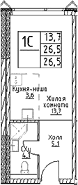 Планировка: Студия 26,5 м² в ЖК «Наметкин Тауэр»