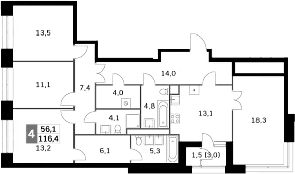 4-комнатная квартира