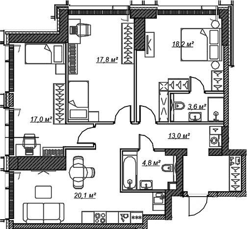 Планировка: Квартира евро-4 94,5 м² в ЖК «Веер»