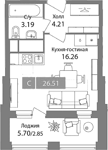 Планировка: Студия 23,7 м² в ЖК «Планерный квартал»