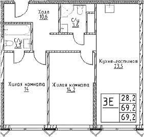 Планировка: Евротрёшка 69,2 м² в ЖК «Наметкин Тауэр»