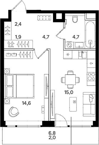 Планировка: 1-комнатная квартира 43,3 м² в ЖК «Мангазея на Речном»