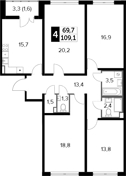 Планировка: 4-комнатная квартира 107,5 м² в ЖК «Южная Битца»