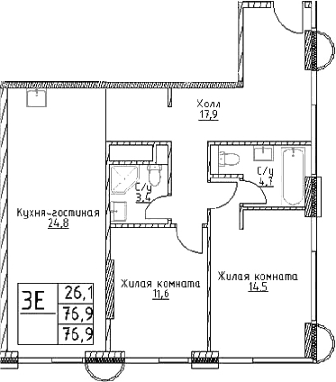 Планировка: Евротрёшка 76,9 м² в ЖК «Наметкин Тауэр»