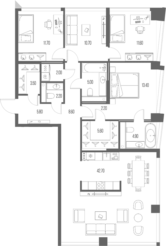 Планировка: 3-комнатная квартира 129,9 м² в ЖК «Северный Порт»