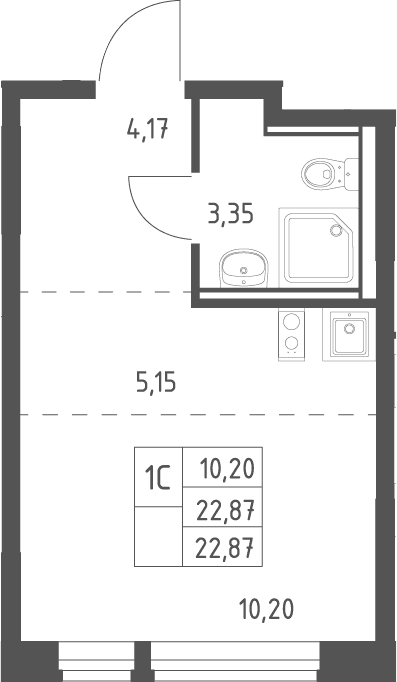 Планировка: Студия 22,9 м² в ЖК «Квартал Ивакино»
