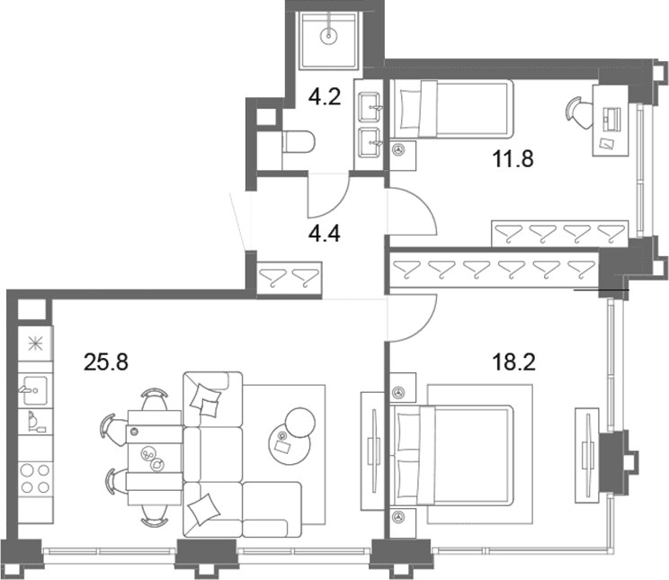 Планировка: Евротрёшка 64,4 м² в ЖК «ОМ Ботанический»