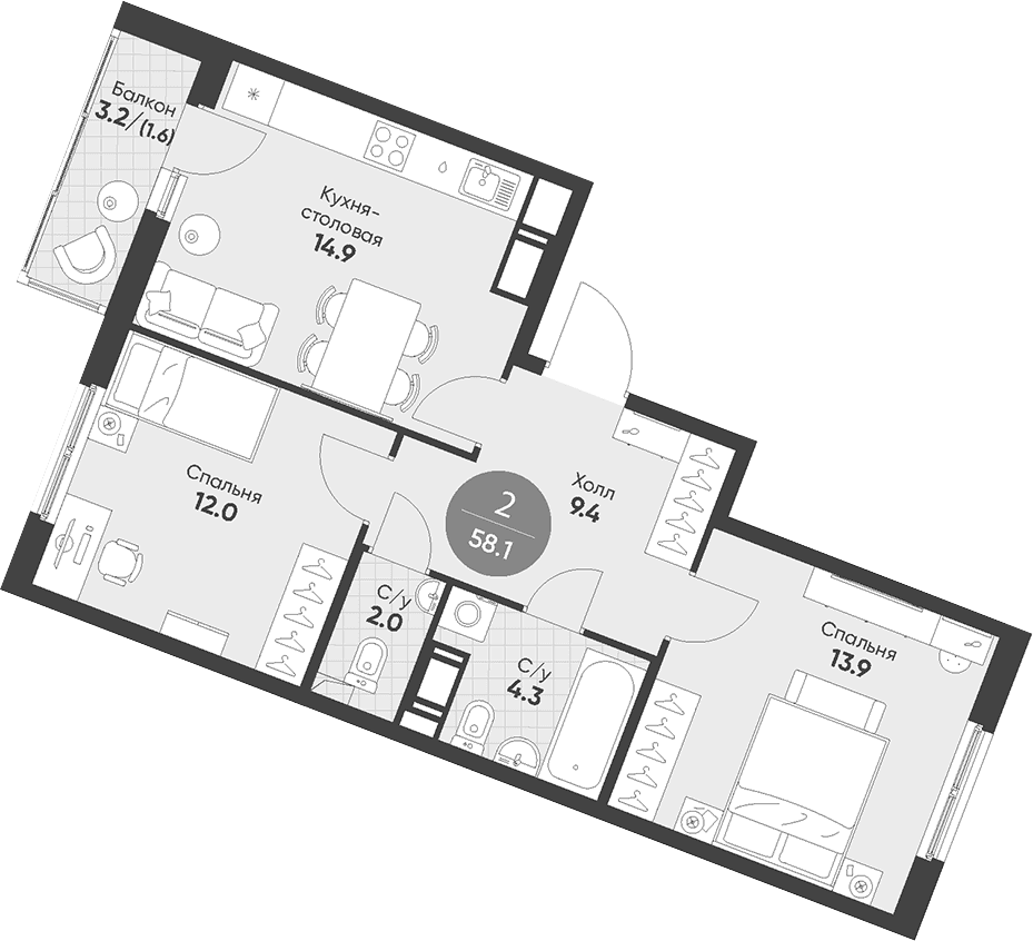 Планировка: 2-комнатная квартира 56,5 м² в ЖК «Клюква.Парк»