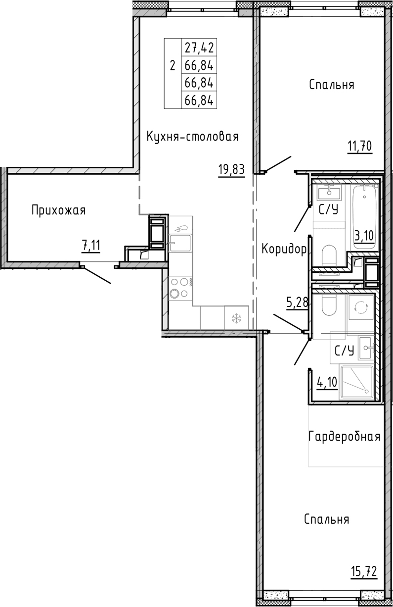 Планировка: Евротрёшка 66,8 м² в ЖК «ОКЛА»