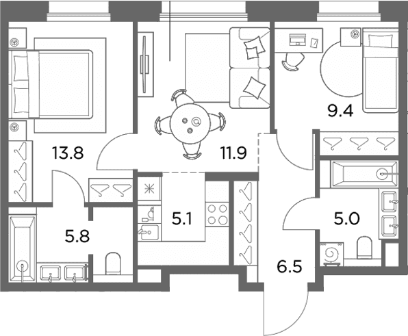 Планировка: Евротрёшка 57,5 м² в ЖК «Станиславский»