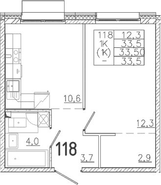 Планировка: 1-комнатная квартира 33,5 м² в ЖК «Лисино»