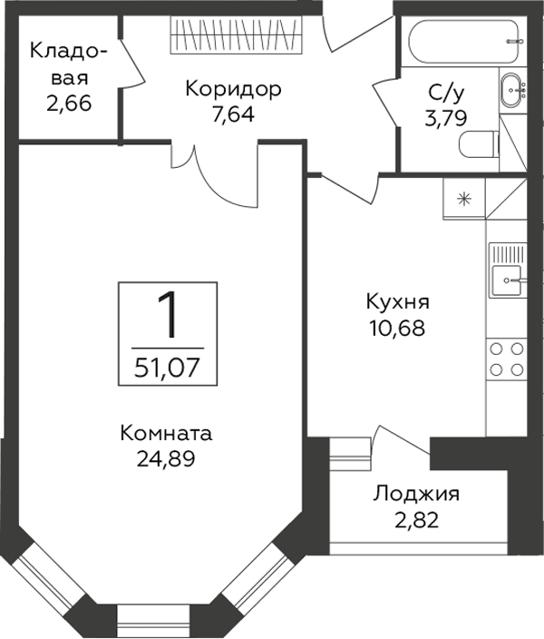 Планировка: 1-комнатная квартира 49,7 м² в ЖК «Пахра Сити»