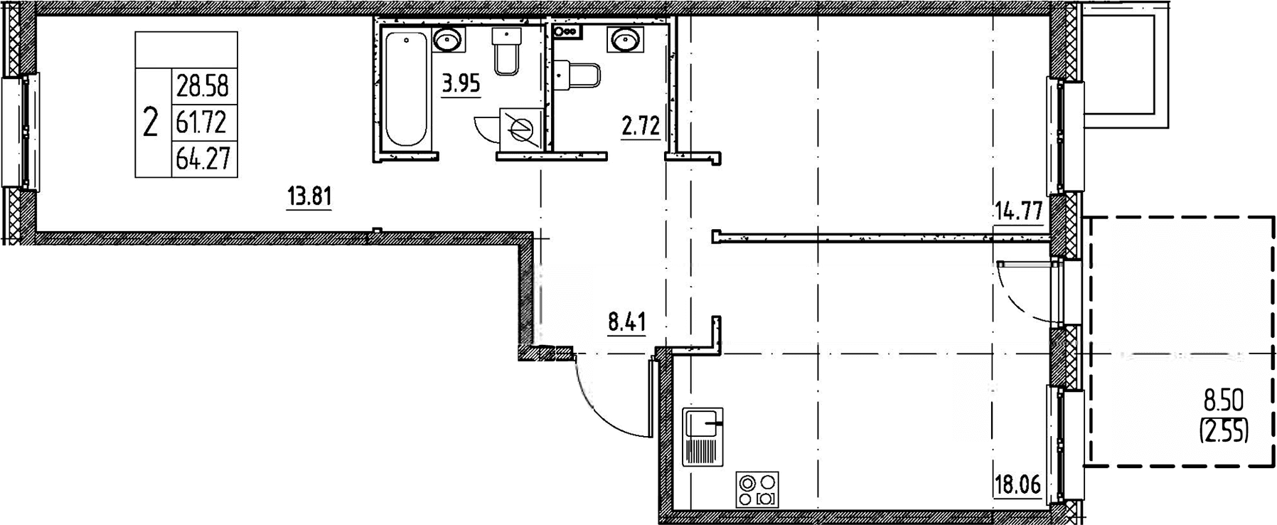 Планировка: Евротрёшка 61,7 м² в ЖК «Сезоны»