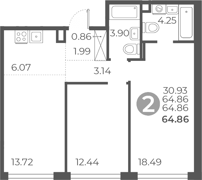 Планировка: 2-комнатная квартира 64,9 м² в ЖК «Мневники от Гранель»
