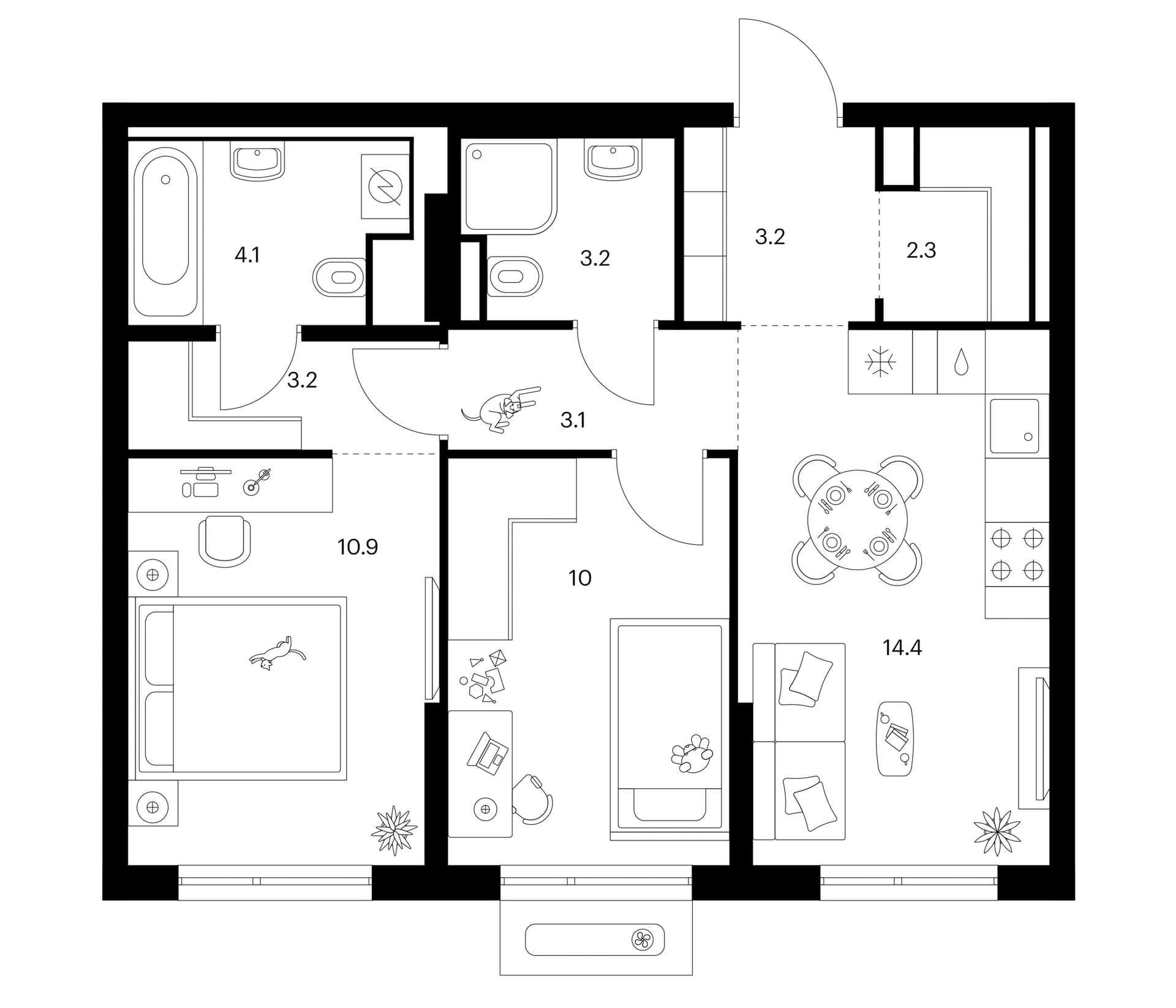 Планировка: 2-комнатная квартира 54,4 м² в ЖК «Зеленый парк»