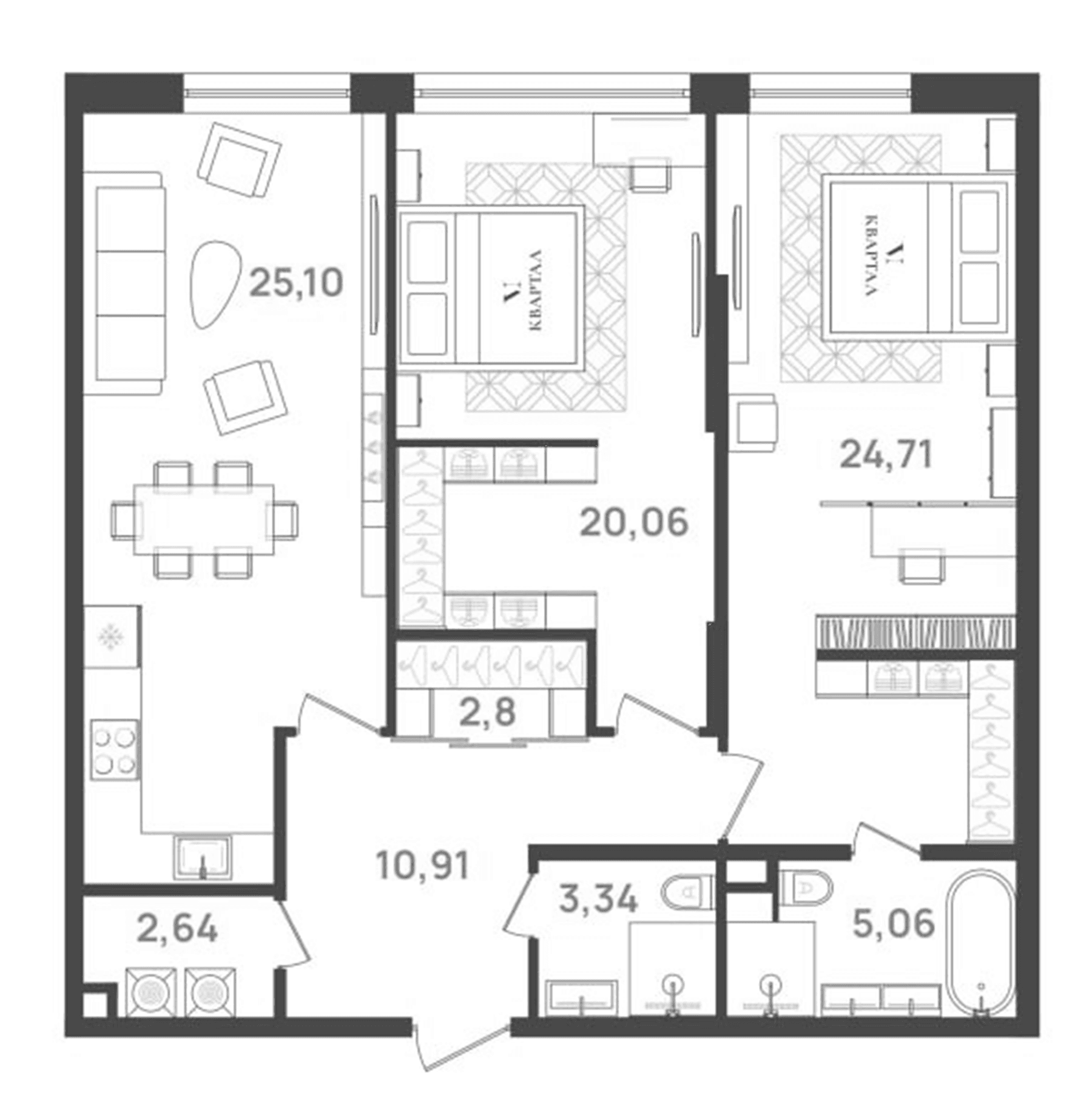 Планировка: Евротрёшка 95,5 м² в ЖК «6 Квартал»