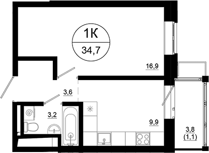 Планировка: 1-комнатная квартира 33,6 м² в ЖК «Союзный»