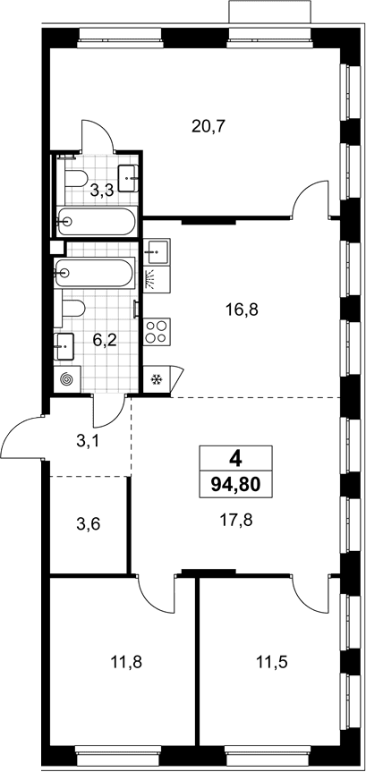 Планировка: Квартира евро-4 94,8 м² в ЖК «Хольм»