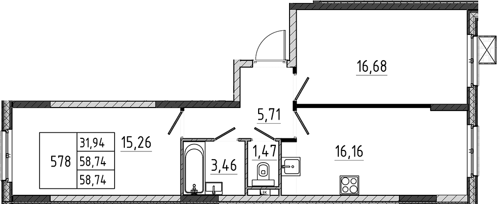 Планировка: Евротрёшка 58,7 м² в ЖК «Поварово-Молодежный-2»