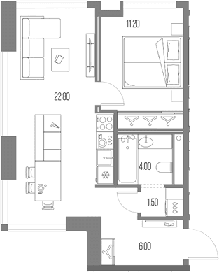 Планировка: 1-комнатная квартира 45,5 м² в ЖК «Северный Порт»