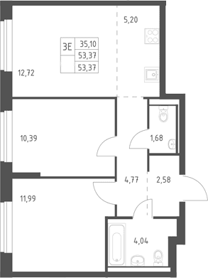 Планировка: Евротрёшка 53,4 м² в ЖК «Горки Парк»