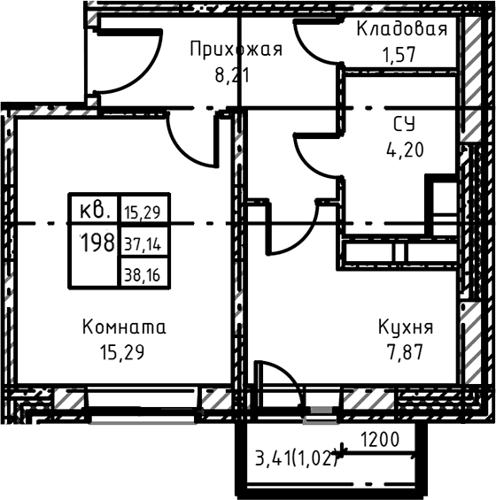 Планировка: 1-комнатная квартира 40 м² в ЖК «Высокий Берег»