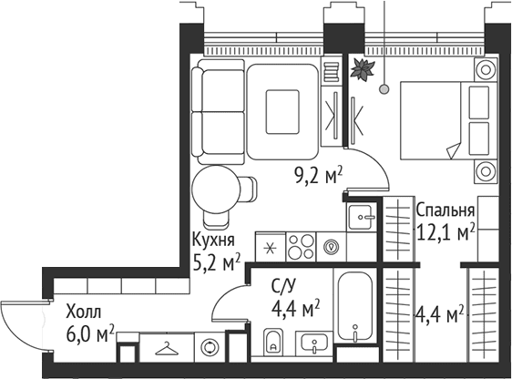 Планировка: Евродвушка 41,3 м² в ЖК «СЕТ»