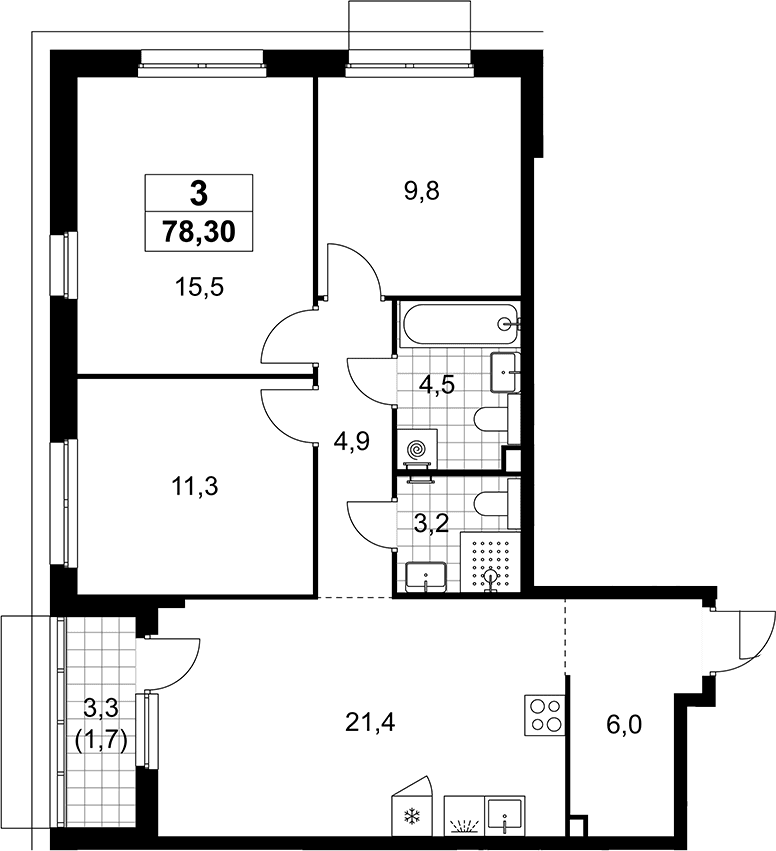 Планировка: Квартира евро-4 76,6 м² в ЖК «Деснаречье»