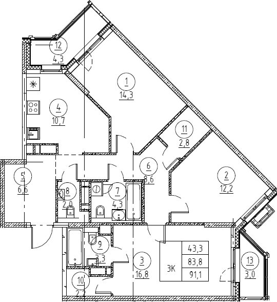 Планировка: 3-комнатная квартира 84,2 м² в ЖК «Крылов»