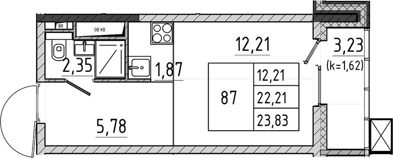 Планировка: Студия 22,2 м² в ЖК «Поварово-Молодежный-2»