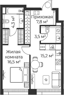 Планировка: 1-комнатная квартира 47,4 м² в ЖК «Веер»