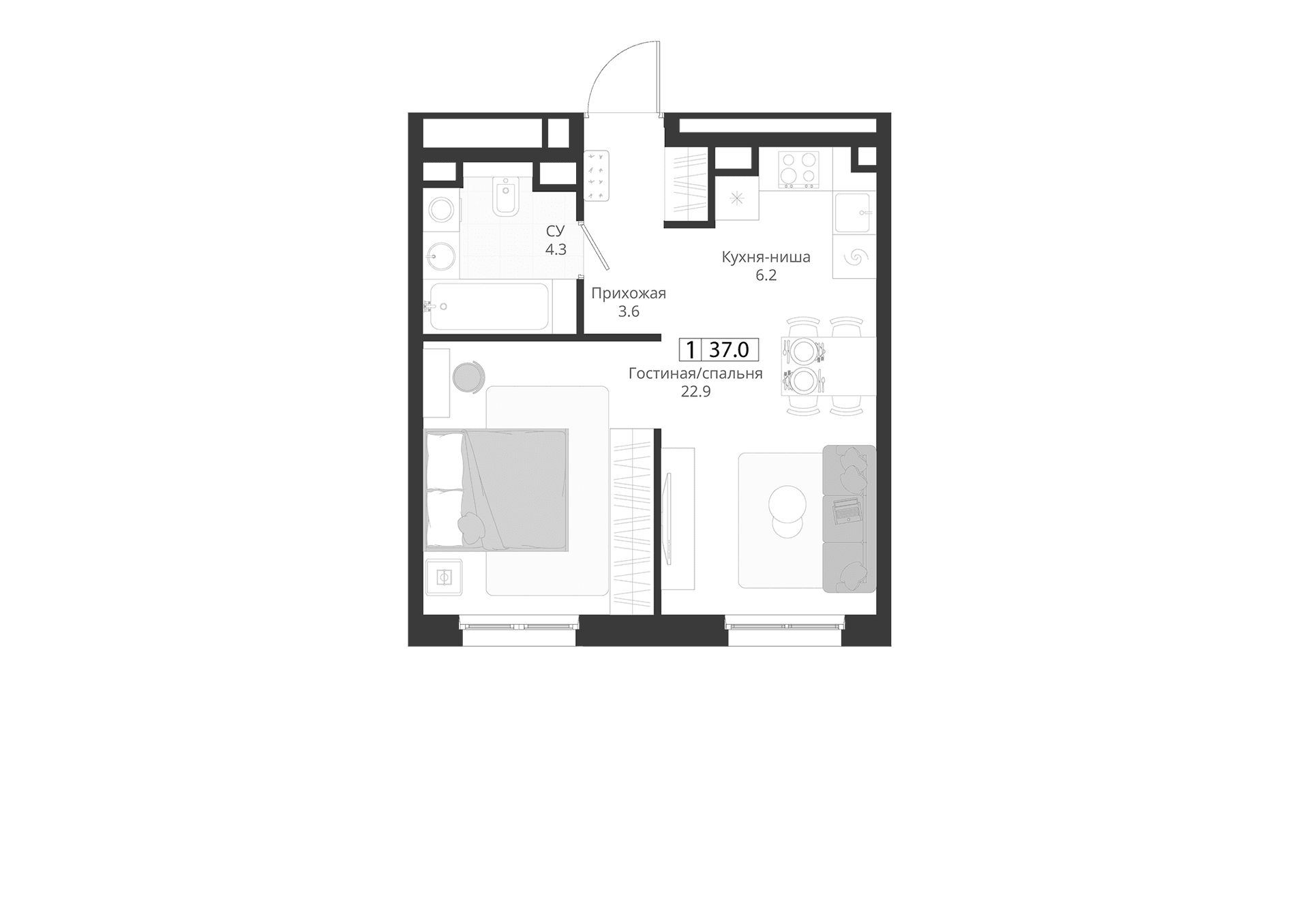 Планировка: Студия 37 м² в ЖК «ГРЭЙ»