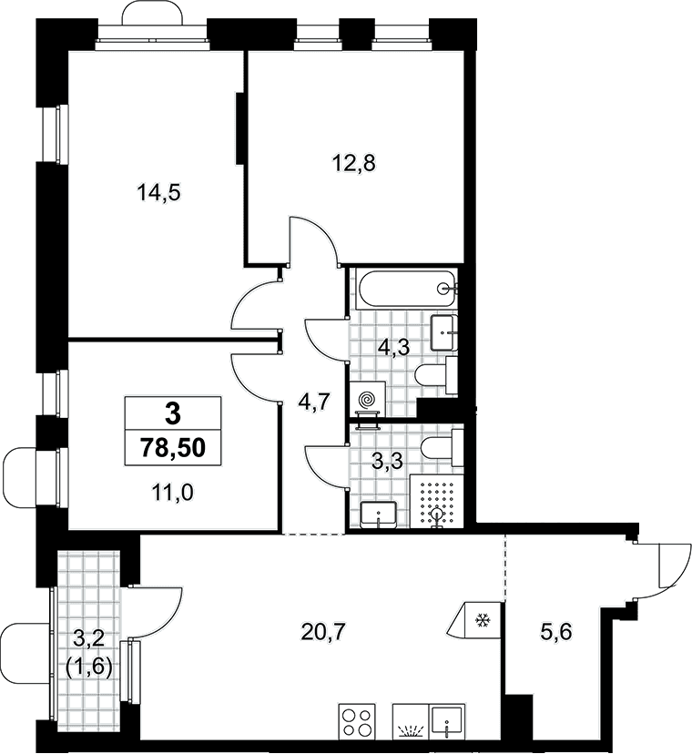 Планировка: Квартира евро-4 76,9 м² в ЖК «Прокшино»