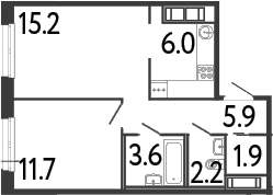 Планировка: Евродвушка 46,5 м² в ЖК «Передвижники»