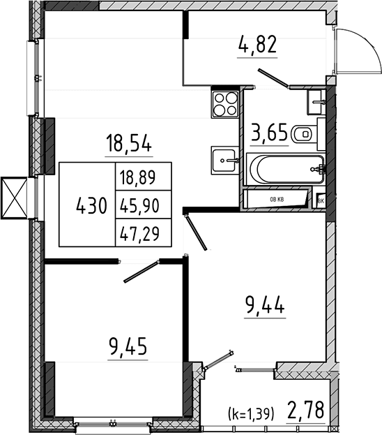 Планировка: Евротрёшка 45,9 м² в ЖК «Поварово-Молодежный-2»