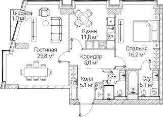 Планировка: 2-комнатная квартира 73,1 м² в ЖК «СЕЗАР БУДУЩЕЕ»