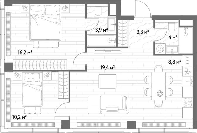 Планировка: Евротрёшка 65,8 м² в ЖК «С5»