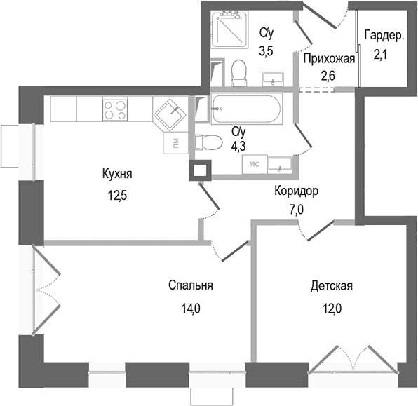 Планировка: 2-комнатная квартира 58 м² в ЖК «Киноквартал»